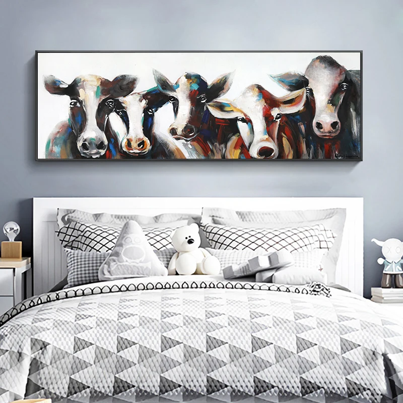 Moderné Abstraktné Originál olejomaľby päť kráv na Plátne Plagáty a Tlačí na Steny Umenie Maľba na Obývacia Izba Domova