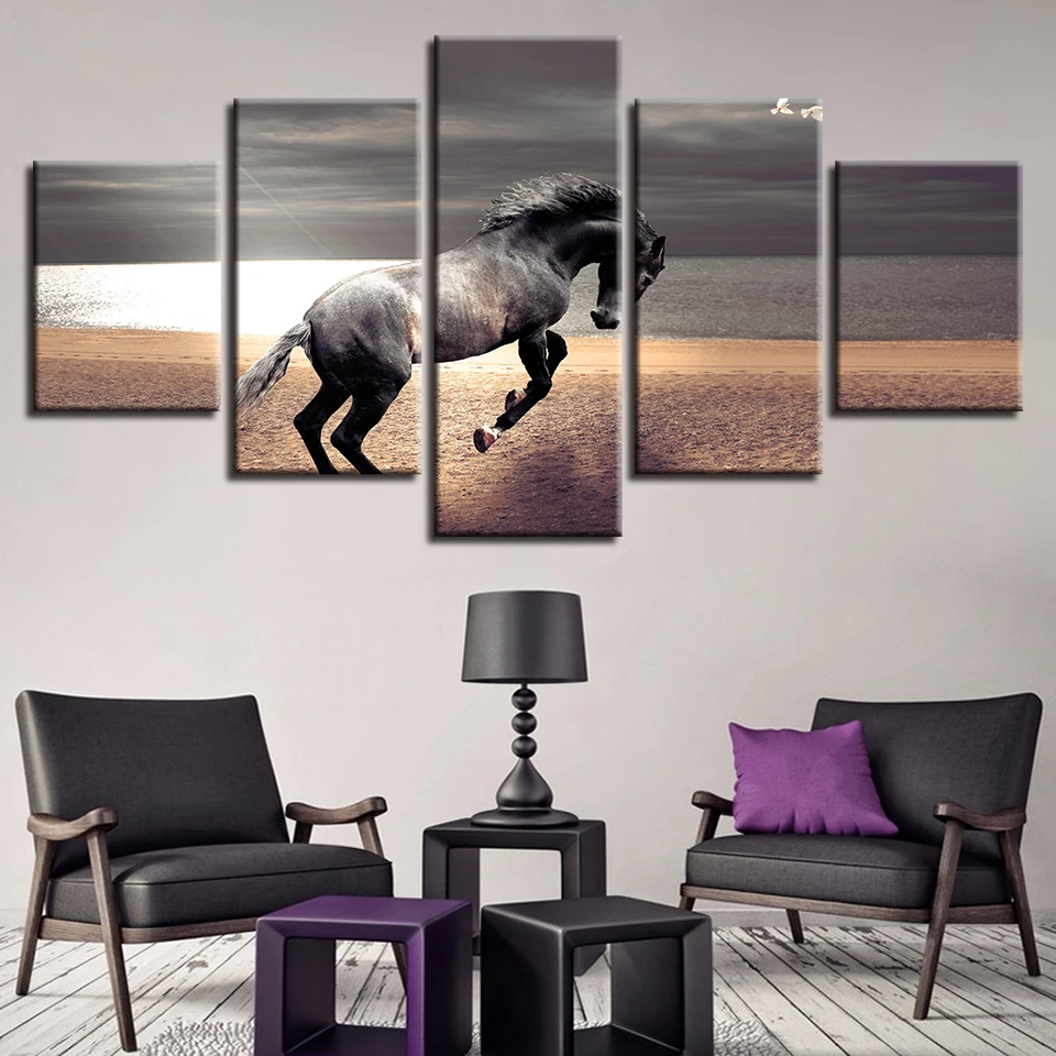 Moderné Izby Wall Art Decoration Rám 5 Kusov Zvierat Kôň Beží Scenérie Maľovanie HD Vytlačí Plagát Na Modulárne Plátno Obrázky