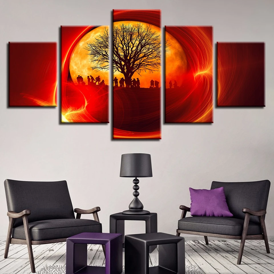 Modulárny Plátno na Maľovanie na Stenu Umenia 5 Kusov Stromov A Vojak Červené Slnko Abstraktných krajiniek HD Tlač Dekor Pre Obývacia Izba