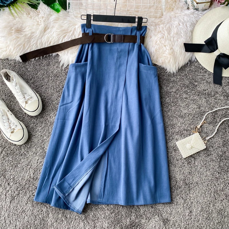 Mooirue 2020 Ženy Vysoký Pás Bežné Sukne S Oknami Vrecká Pevné Kórejský Štýl Streetwear Voľné Khaki Čierna Modrá Ženy Sukne