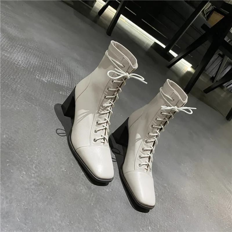 MORAZORA 2020 Originálne kožené topánky na vysokom opätku štvorcové prst jeseň zima ženy móda, topánky šnurovacie členkové topánky čierne