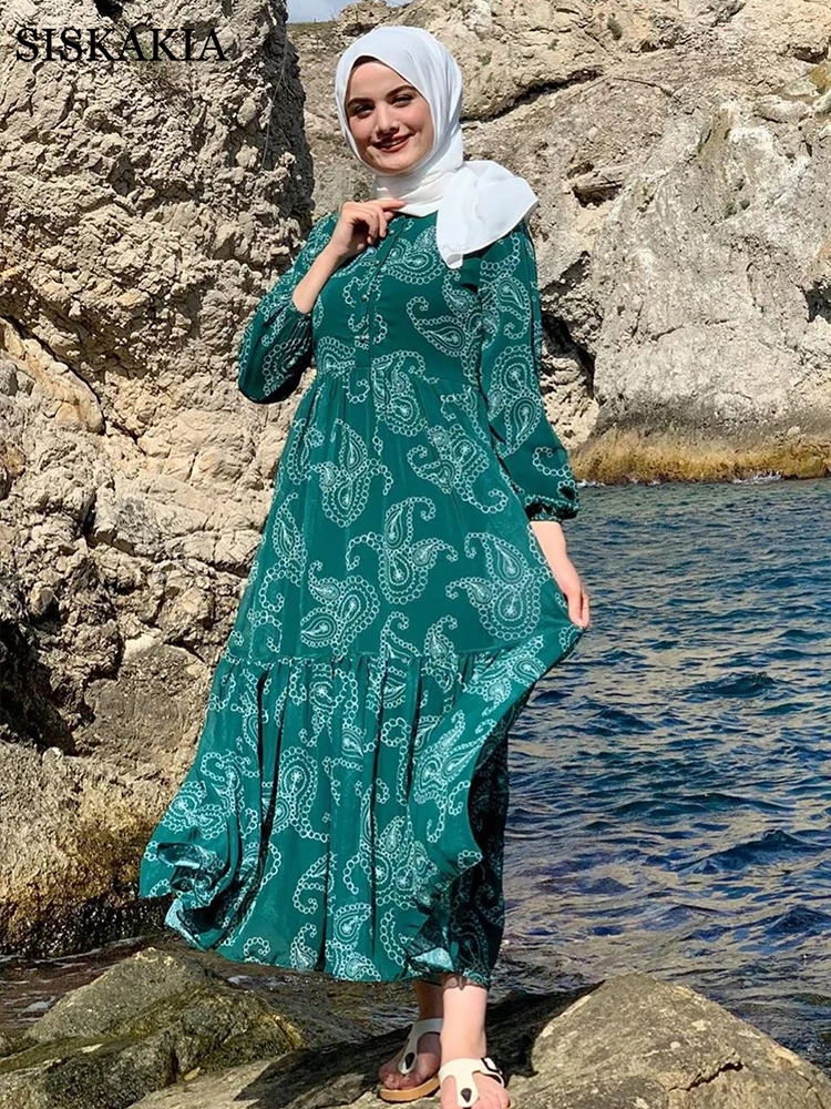 Moslimské Oblečenie pre Ženy Jeseň 2020 Vintage Etnických Paisley Tlače Tlačidlo Stand Up Golier Dlhý Rukáv Turecko arabčina Šifón Šaty