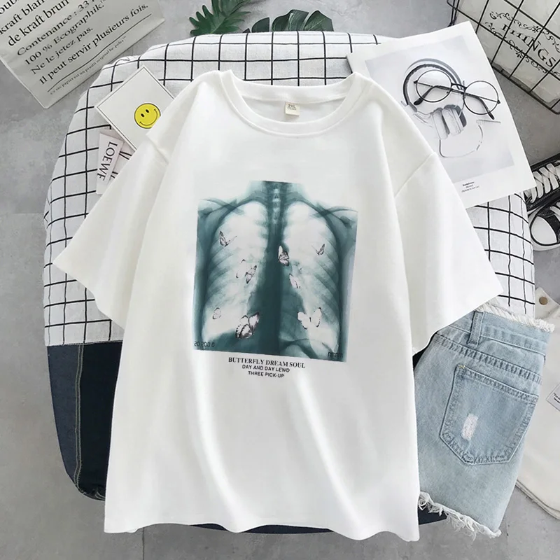 Motýľ Obrázok Topy Tričko Retro Žena T-Shirt Streetwear Harajuku Hip HopTshirt Nadrozmerné t shirt Letné Čierne Biele tričko