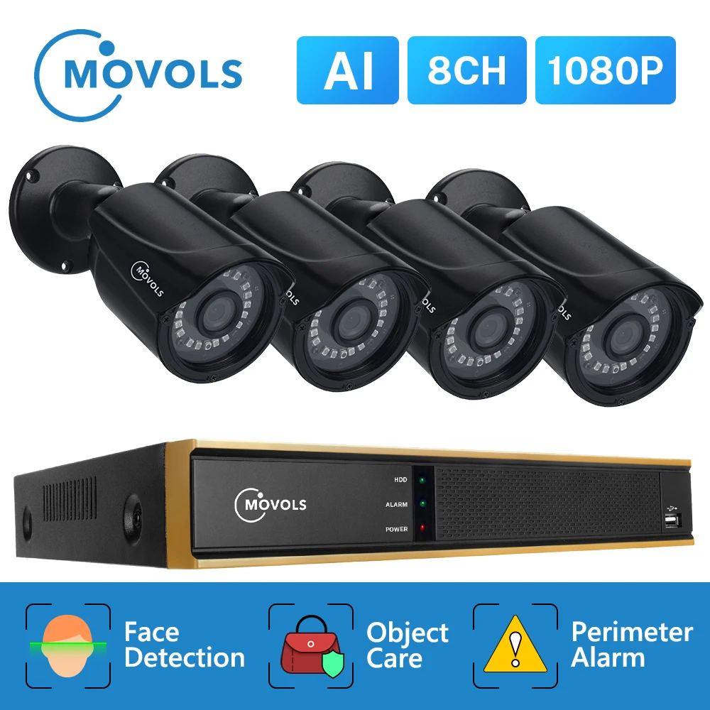 Movols 8CH 1080P AI CCTV kamerový Systém 4PCS Vonkajšie Poveternostným vplyvom Bezpečnostné Kamery H. 265 DVR Auta Vonkajší kamerový Systém