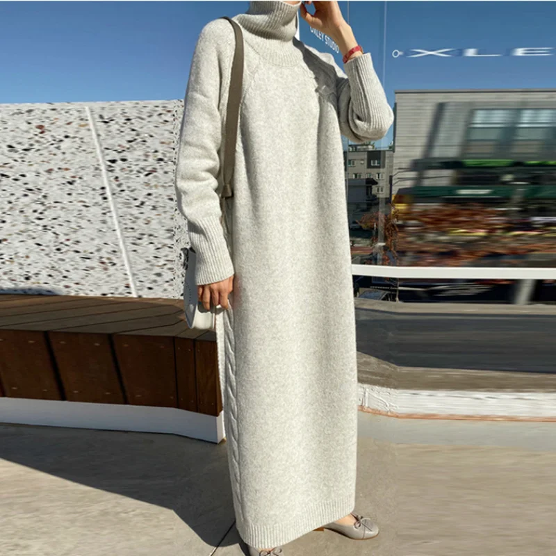 Mozuleva Nové 2020 Jeseň Zima Ženy Šaty Turtleneck Rovno Nadrozmerná Pletenie Šaty Elegantné Vintage Dlhé Šaty femme