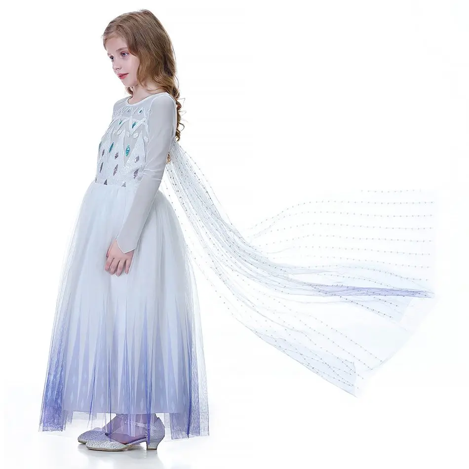 MUABABY Nové Elsa 2 Princezna Kostým pre Dievčatá, Dlhý Rukáv Sequin Biele Šaty s Maskou Deti Snowflake Halloween Party Šaty