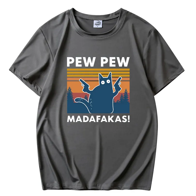 Móda Black Cat Pew Pew Madafakas Vtipné Mačku Gangster S Pištoľou Meme Retro dámske krátke rukávy T-Shirt pre Humor Darček Topy čaj