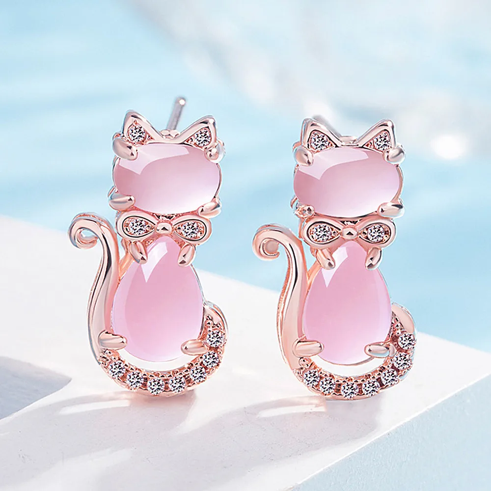 Móda roztomilé mačky ružový kryštál zirkón diamantov, drahých kameňov stud náušnice pre ženy rose gold color šperky bijoux darčeky brincos