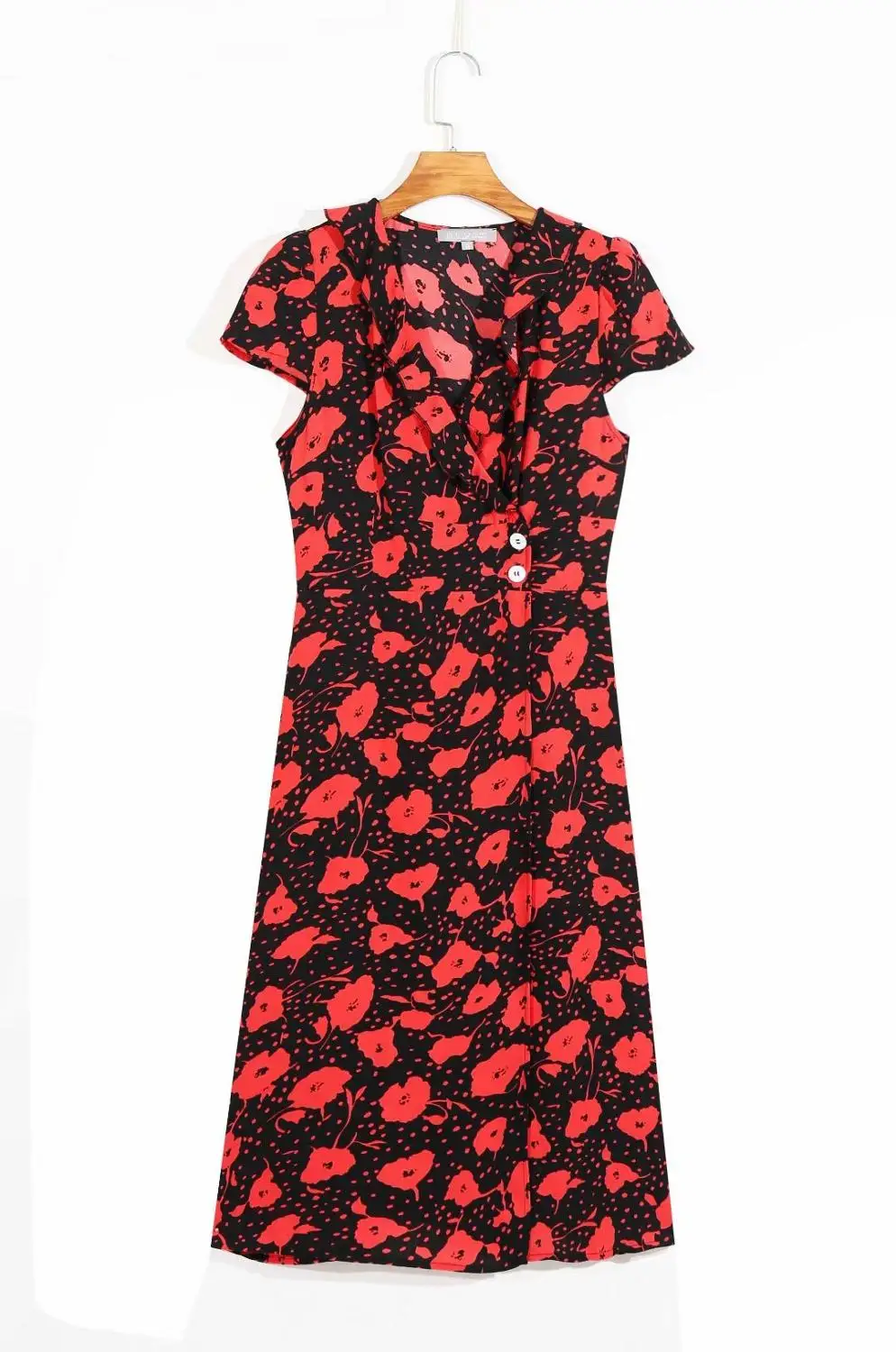 Módne letné šaty tvaru, krátke rukávy, gombíky elegantný kvetinový tlač červená midi holiday beach šaty žien femme vestidos