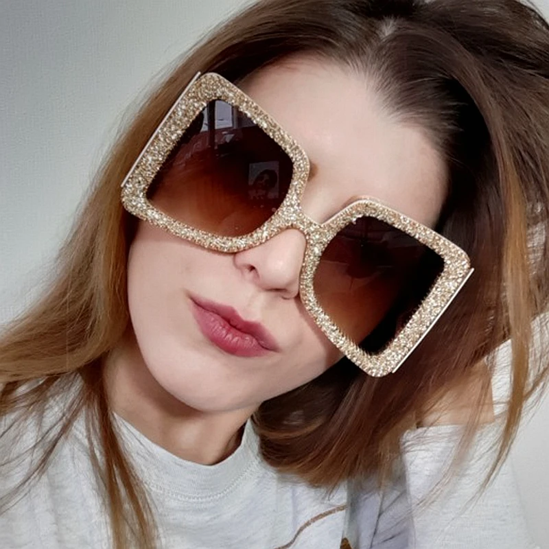 Nadrozmerná slnečné Okuliare Ženy Veľké Široké Chrámu Bling Kamene 2019 Módne Odtiene UV400 Retro Okuliare Značky Oculos