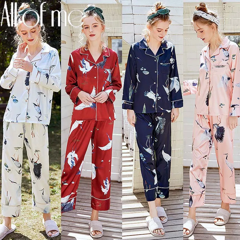 Nastaviť Sexy Pyžamo Ženy Víla Žeriav Tlač Oblečenie Pre Voľný Čas Oblek Dlhý Rukáv Ženský Odev Imitácia Hodvábu Pyžamá Satin Sleepwear