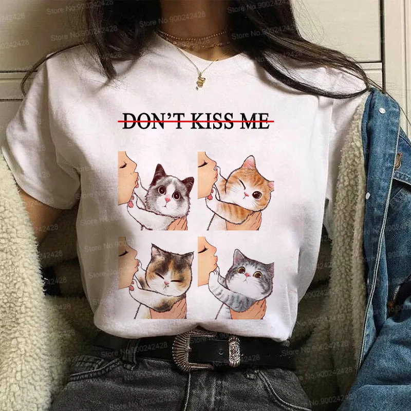 Nechcem Kiss Me mačka dámske tričko Harajuku zábavné roztomilý 3D mačacie hlavy Otvor T-Shirt Bežné Cartoon ženy kiss cat Graphic kórejský Topy