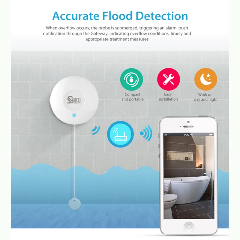 NEO Coolcam Z Vlny Povodní Detekcia Snímača Smart Home Automation ZWave Únik Vody Snímač s Diaľkovým Sonda Vode Odolný
