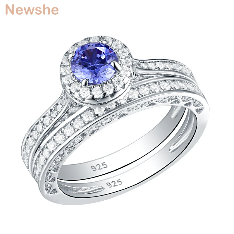 Newshe 2 Ks 925 Sterling Silver Prsteň Pre Ženy Okrúhly Rez White & Blue AAA CZ Zásnubné Prstene Klasické Šperky