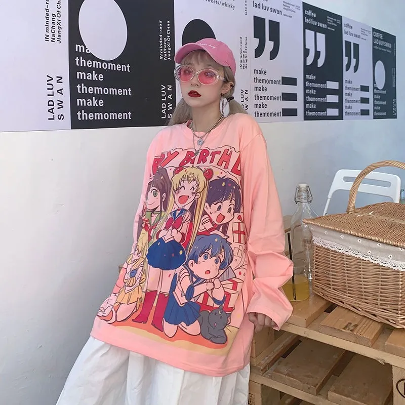NiceMix Dlhé Rukávy košele, topy Harajuku Japonské kreslené tlač študent dievčatá voľné T-shirt žena Pevné klesnutie pulóver