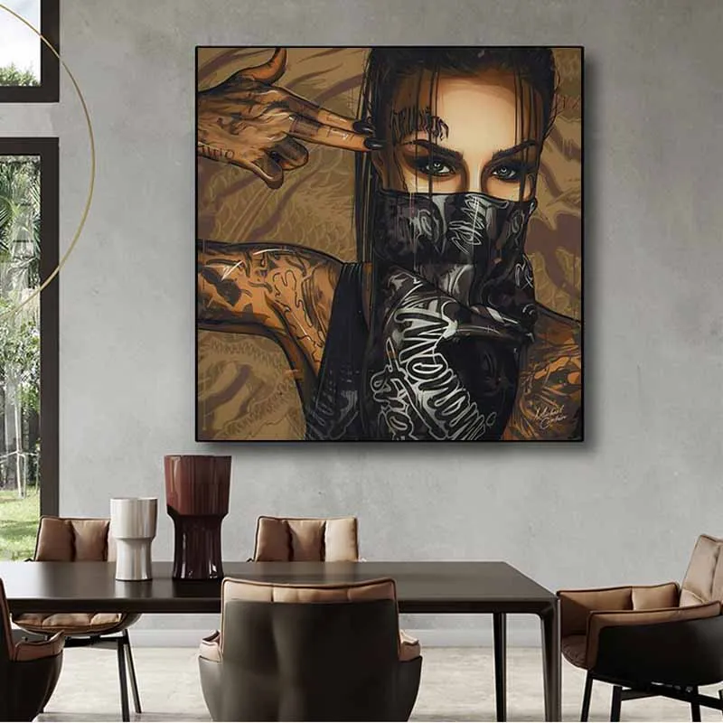 Nosenie Masky Tetovanie Dievča Portrét olejomaľba Plagáty a tlač na Plátno na Stenu Umenie Obrázok pre Obývacia Izba Cuadros Domova