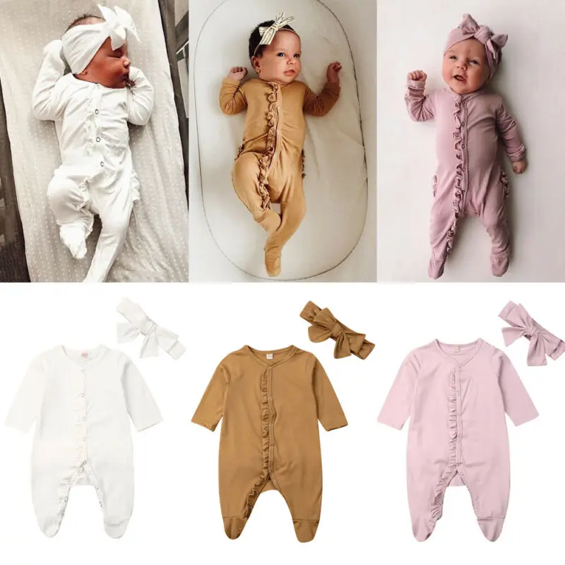 Novonarodené Dieťa, Chlapec, Dievča Jeseň Oblečenie Pevné Footies+hlavový most 2ks Sleepwear Pyžamá
