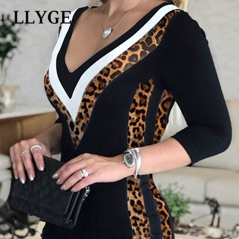 Nové Leopard Tlač Pruhované Šaty Žien Patchwork Tvaru Sexy Šaty Žena Tri Štvrtiny Rukáv Jarné Módne Dámy Vestidos