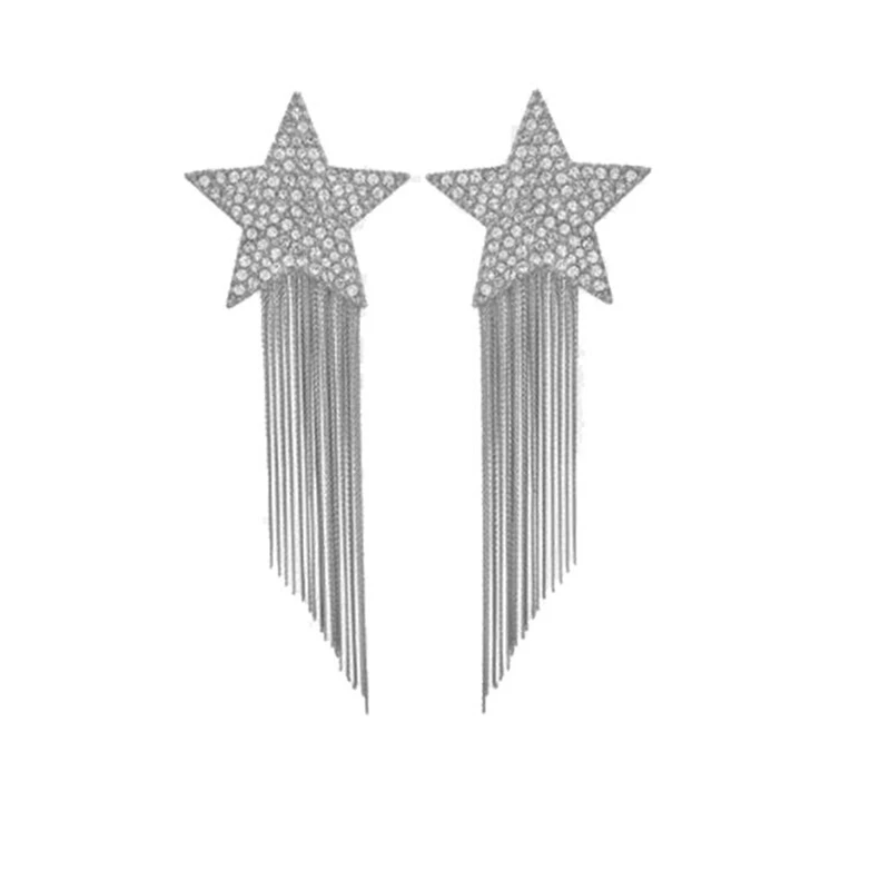 Nové Náušnice, Módne Osobnosti Päť-špicaté Hviezdy Crystal Strapec Dlhé Ucho Príslušenstvo Drop Visiace Náušnice Svadobné Šperky