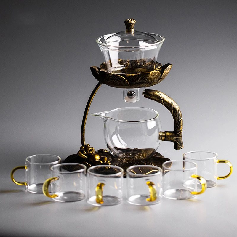 Nové sklo čaj nastaviť lotus magnetické vody odkanalizovanie rotujúci kryt misy semi-automatické čaj maker lenivý kanvica