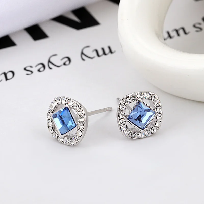 [Nový] kvalitné glamorous fashion square blue crystal dámske stud Náušnice