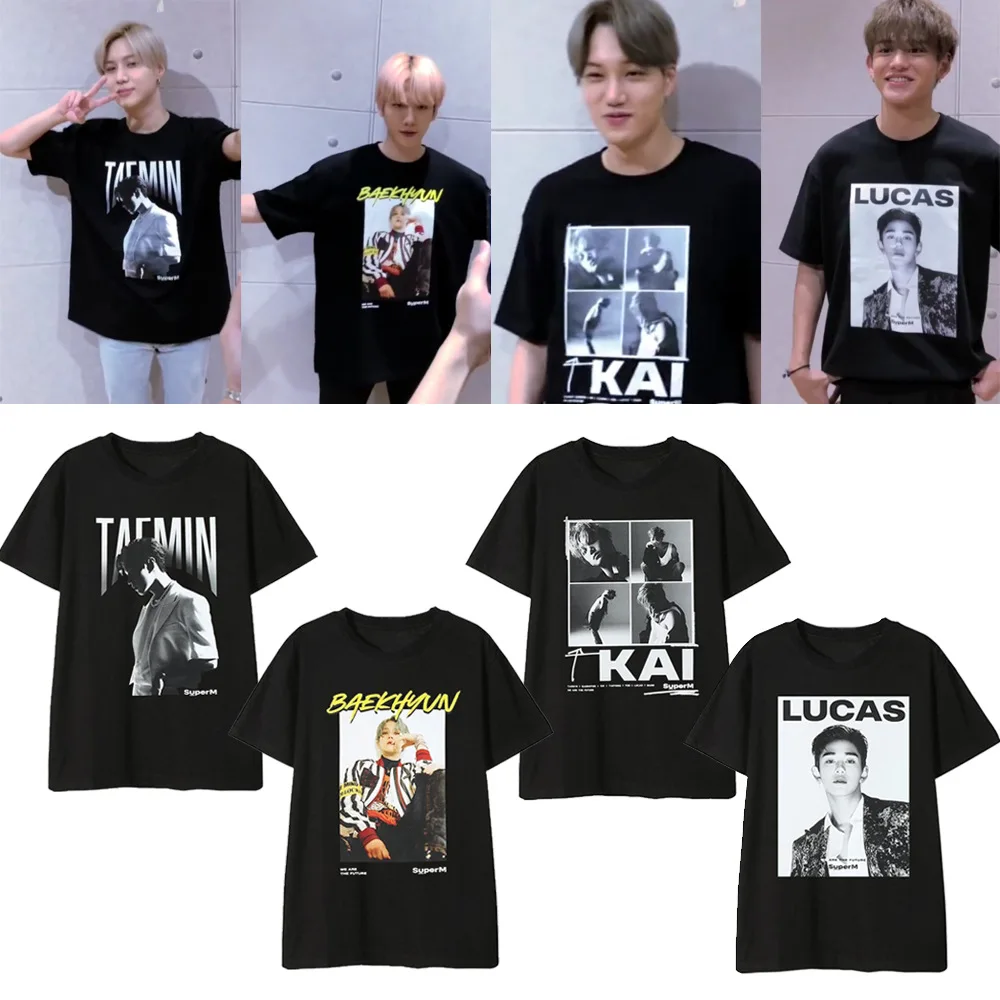 Nový kórejský Módne Kpop SuperM Členské Meno/Tlač fotografií O Krk Krátky Rukáv T Shirt Letné Štýl K-pop Unisex Čierny T-shirt