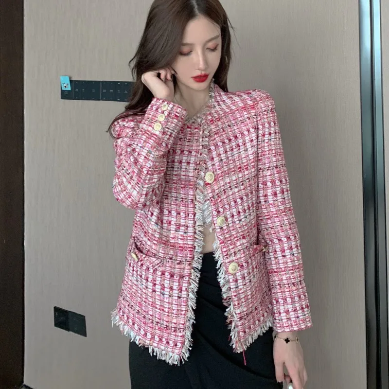 Nový Príchod kórejský Jeseň Vysokej Kvality Strapec Tweed Bunda Top Dlhý Rukáv Single-Breasted vrchné oblečenie Coats dámske Oblečenie