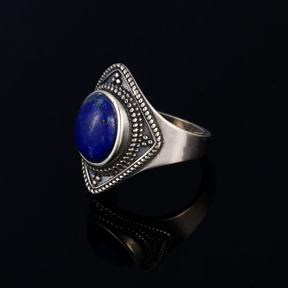 Nový záznam mužov a žien modely S925 šterlingov silverjewelry krúžok prírodné lapis lazuli 8X10 oválne vintage textúra krúžok darček whole