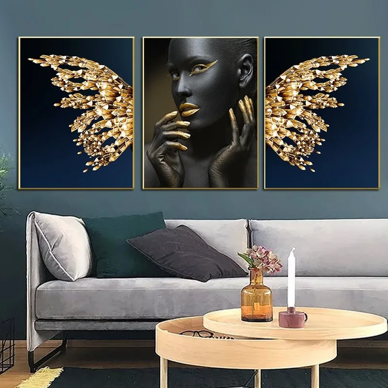 Obrázok na Podkrovie Steny Black Zlaté Krídla Žena Plátne, Plagát, Tlač Moderného Domova Abstraktné Múr Umenia Maľby Nordic Obývacie