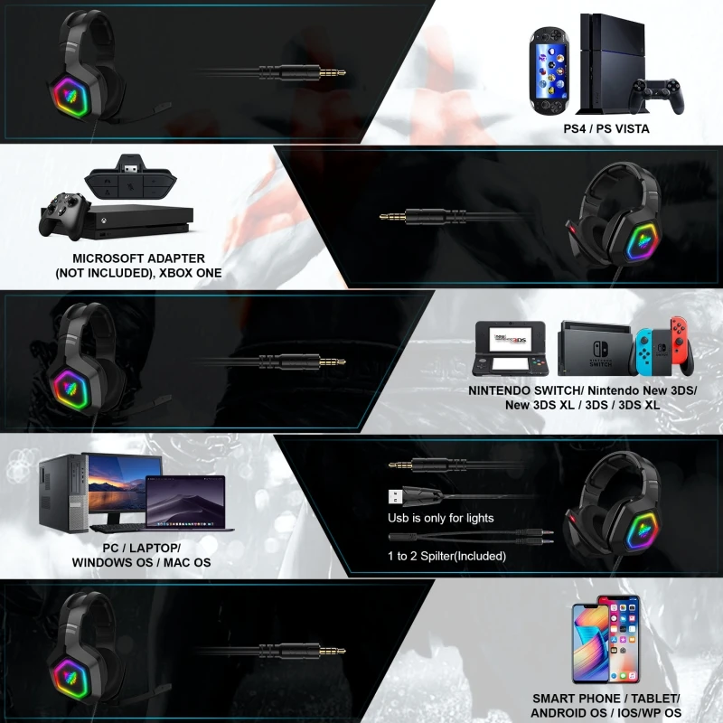 ONIKUMA K10 Hlava-montáž Profesionálne Herné Headset RGB Farebné Osvetlenie Mic PC Phone PS4 XBOX Prepínač Hráč Káblové Slúchadlá