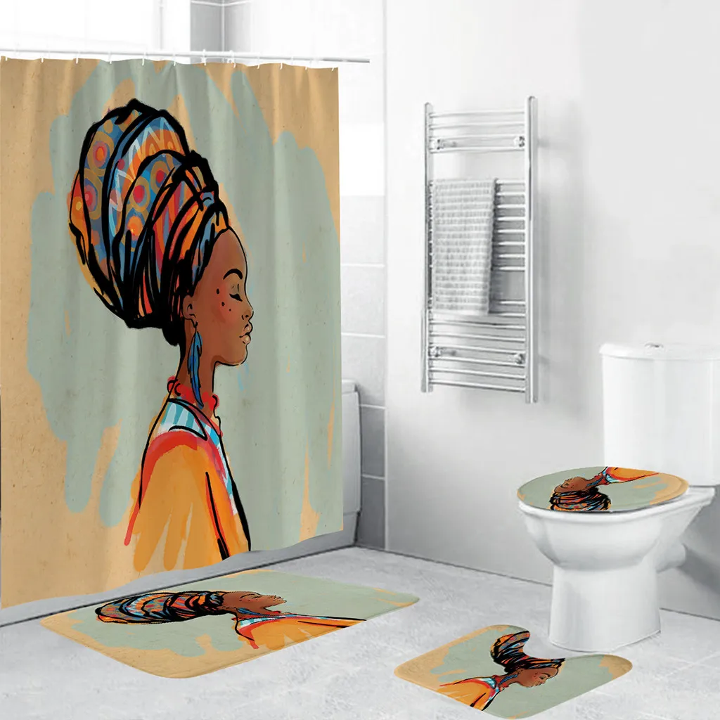 Ouneed 4PCS Africké Dievčatá Nepremokavé Kúpeľni Sprchový Záves nastaviť Anti-slip 3D tlač Wc Polyester Kryt Mat Nastaviť kvapka loď nové