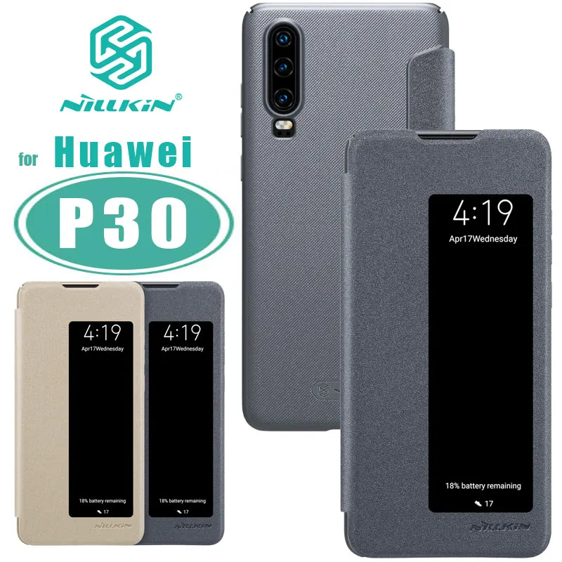 P30 Prípade Huawei P30 NILLKIN Iskru Luxusné Flip Kožené puzdro Smart s Okna Zadný Kryt puzdro pre Huawei P30 Capa