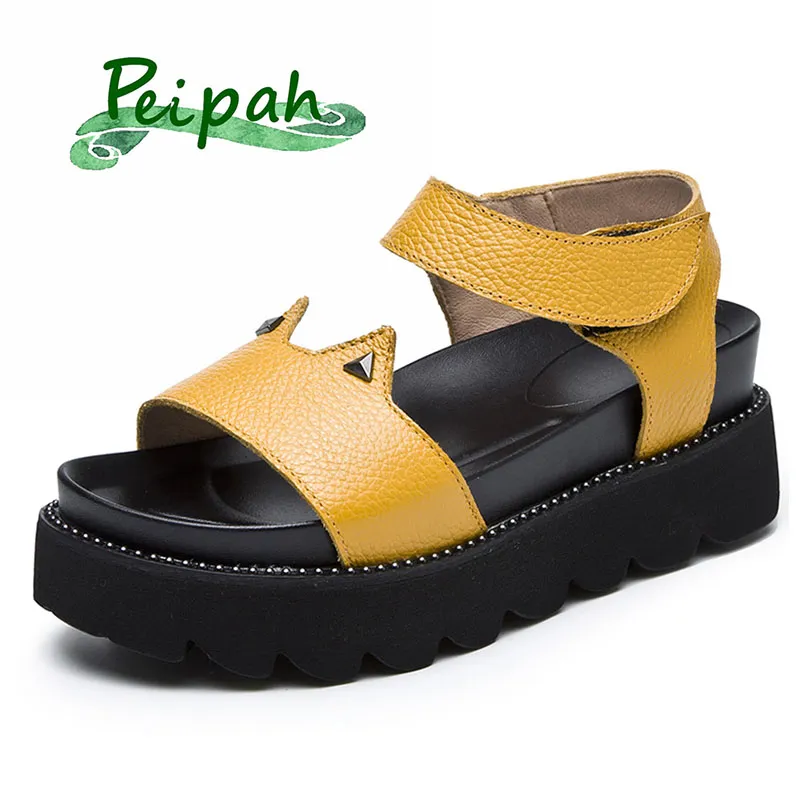 PEIPAH 2019 Lete Nové Originálne Kožené dámske Gladiator Sandále na Platforme Pracka Sandále Roztomilé Mačacie Uši Bežné Zapatillas Mujer