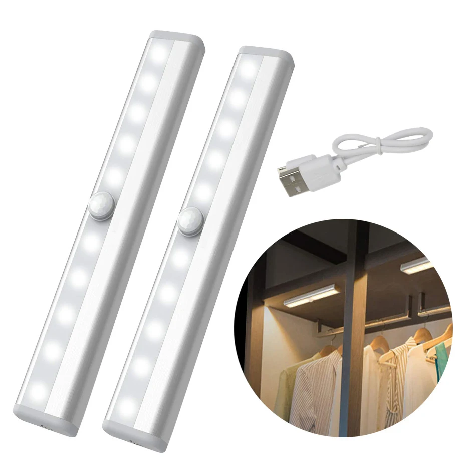 PIR Snímač Pohybu Pod Skrinku Svetlá 10 LED Nočné Lampy, USB Nabíjateľné alebo Batérie Kuchynské Svetlo, Skrinka, Skriňa Lampa