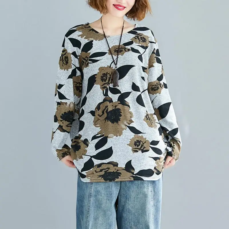 Plus Veľkosť Dlhý Rukáv Jeseň T Shirt Grafické Tees Ženy Vintage Estetické Kvetinový Tričko Kintted T-shirt Ženy Šaty, Topy 2019