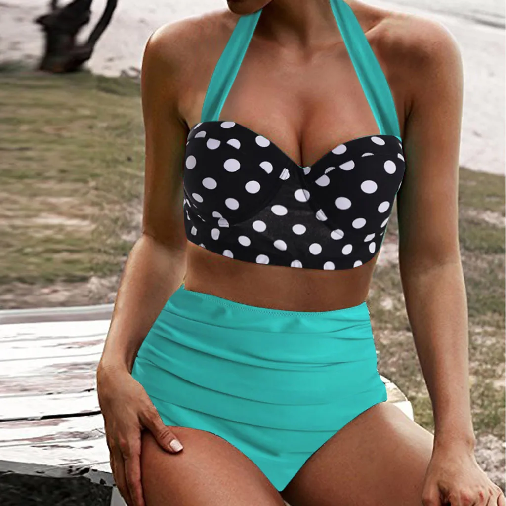 Polka-dot-šatka vysoký pás dvojdielne plavky Konzervatívny Split Plavky Bikiny Žien Retro Beachewear traje de ba o mujer