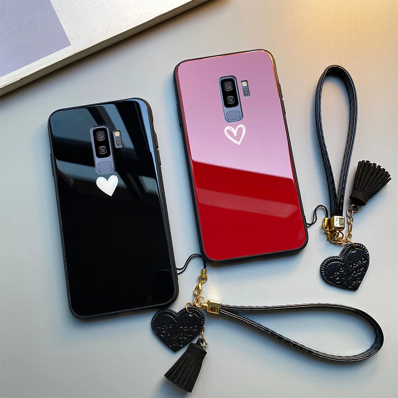 Pre Samsung Galaxy S9 Plus s8 Prípade Voľného popruh Červená Čierna Srdce Tvrdé Tvrdeného Skla Kryt Pre Samsung S8 Plus s9 telefón Puzdro