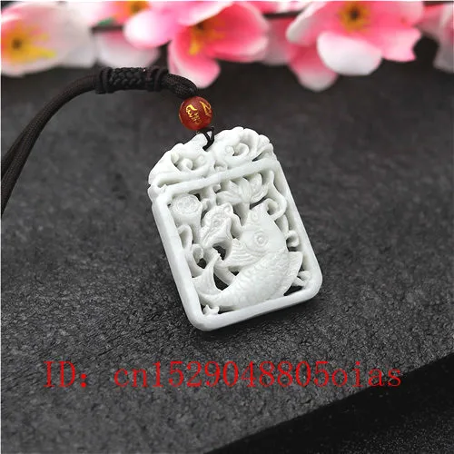 Prírodná Biela Čínskych Jade Kapor Lotus Náhrdelník Prívesok Charm Šperky obojstranné Duté Vyrezávané Ryby Amulet Darčeky pre Jej