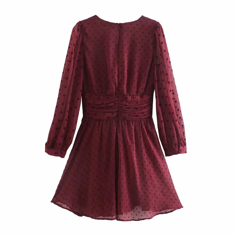 PSEEWE Červená Bodkovaná Sieťované Mini Šaty Žien 2020 Za Vintage Semi Obyčajné Dlhé Lístkového Rukáv Tylu Šaty Žena Viazaná Pás Elegantné Šaty