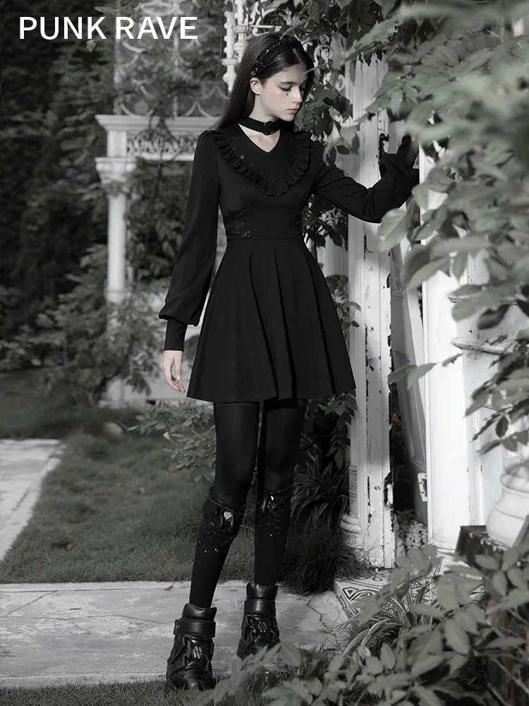 PUNK RAVE Dievča Lolita francúzske Retro, Čierne Šaty Temperament Rozstrapatené Wild Pás Tenké Jeseň Zima Vintage Sladké Šaty