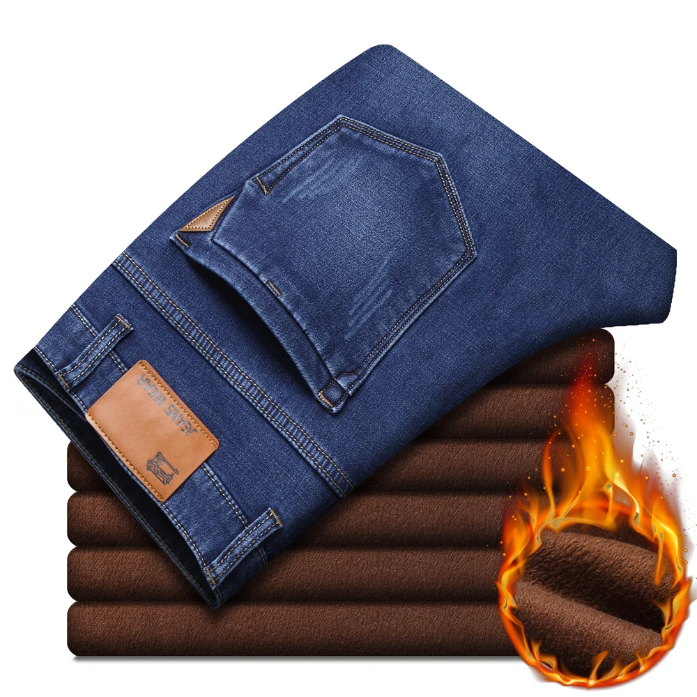 Pánske teplé zimné džínsy 2020 nové Obchodné Bežné čierna modrá Slim úsek Hrubé džínsové nohavice mužov Značky Fleece nohavice