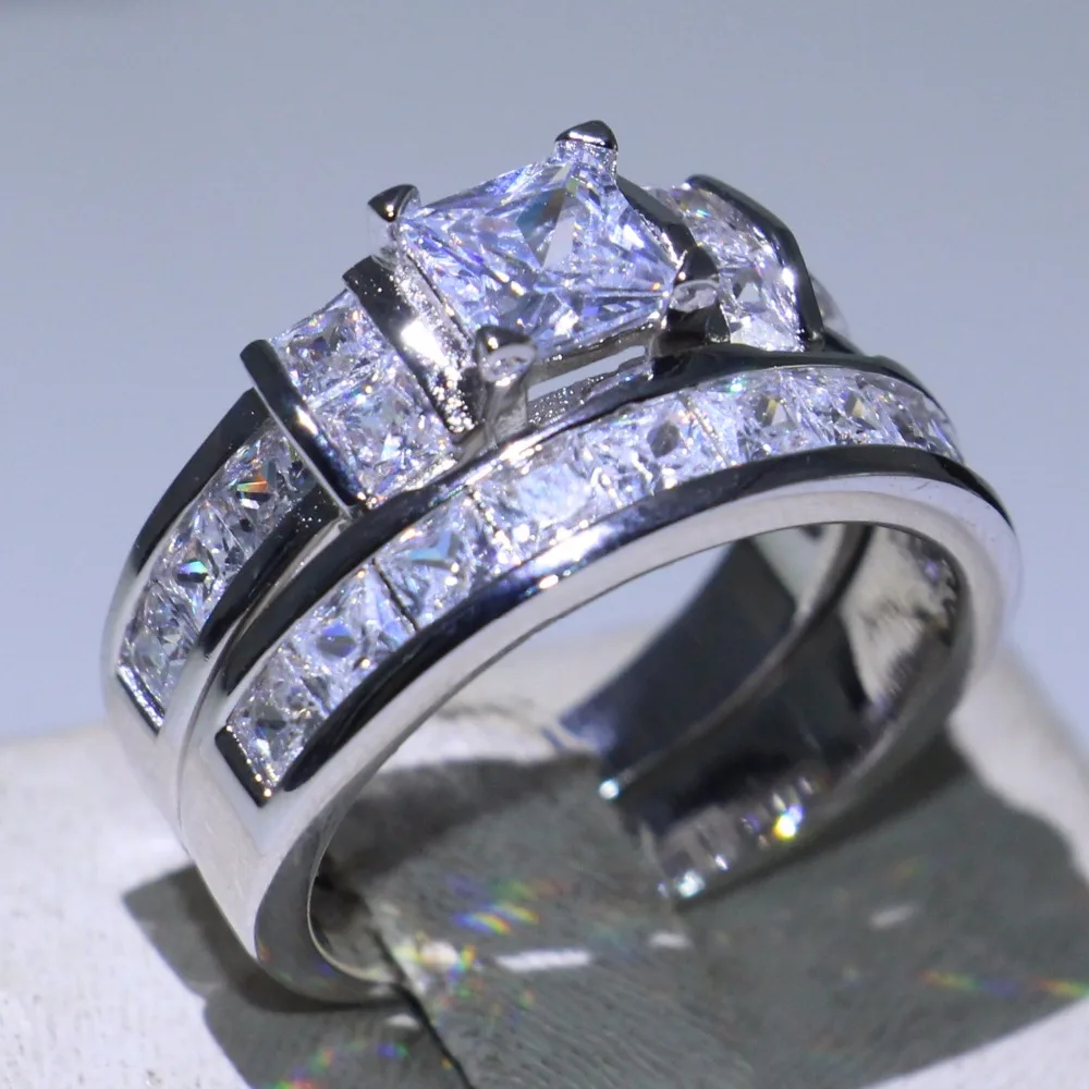 Pár Krúžky Šumivé Luxusné Šperky 925 Sterling Silver Princezná Rez 5A Zirconia Sľub Strany Žien Svadobné Svadobné Prsteň