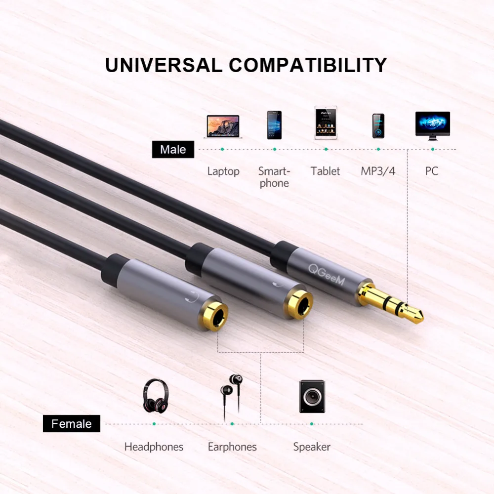QGeeM Slúchadlá Predlžovací Kábel Jack 3,5 mm Audio Kábel Mužov a 2 Ženy Aux kábel Slúchadiel Splitter pre iPhone Samsung S9 PC P20
