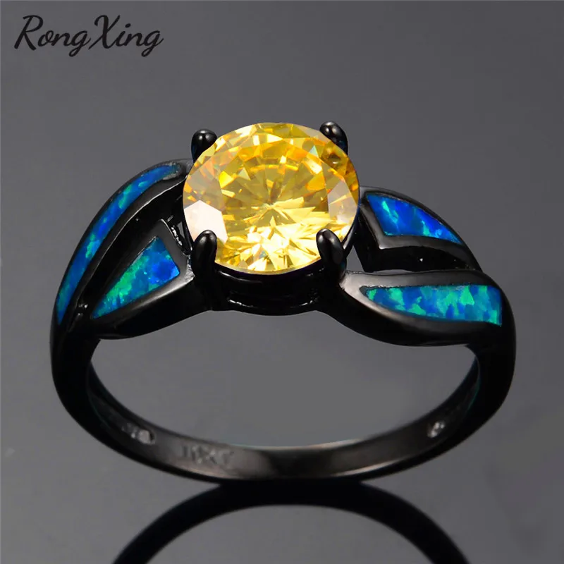 RongXing Nový Štýlový Ocean Blue Fire Opal Krúžok Kolo Čierne Zlato Naplnený Žltú Birthstone Prstene Pre Ženy Valentine Darčeky RB0277