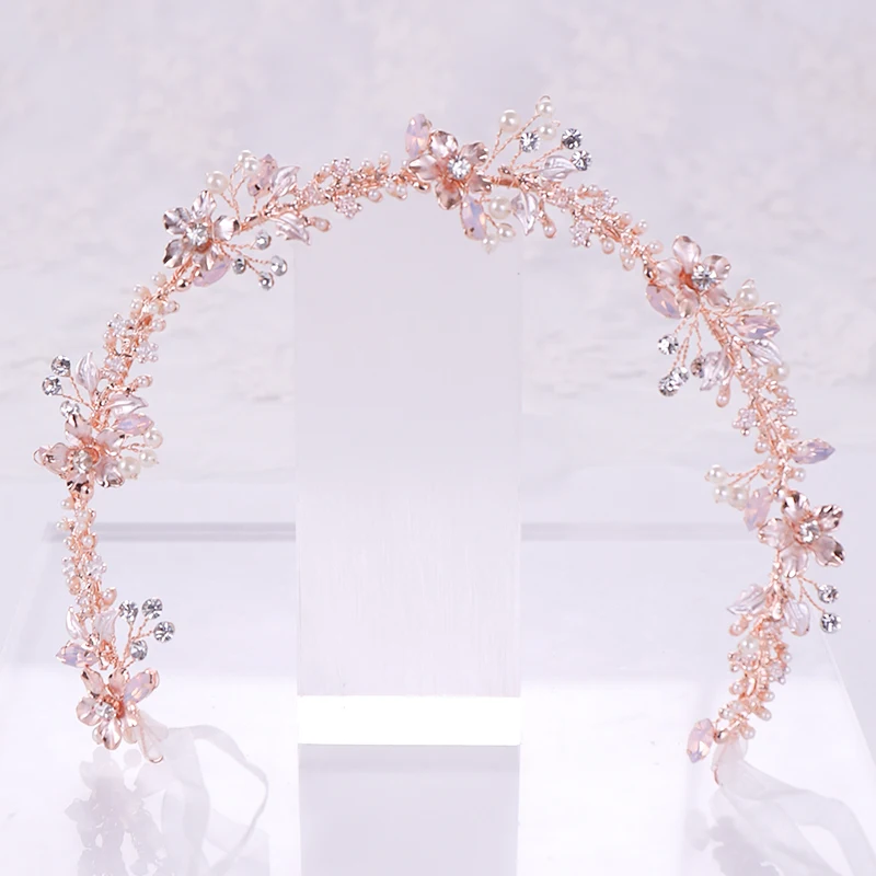 Rose Gold Crystal Pearl Vlasové Ozdoby hlavový most Kvetinové Svadobné Ručné Tiara Vlasy, Šperky žena Svadobné Headpiece Šperky Strany