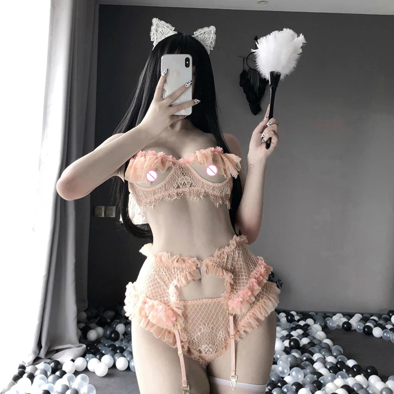 Roztomilý Sexy Lolita Krava Školáčka Kostým Oka Slúžky Oblečenie Anime Nohavičky Kawaii Bielizeň Micro Bikini Mini Open Podprsenka Pánty Podväzkový