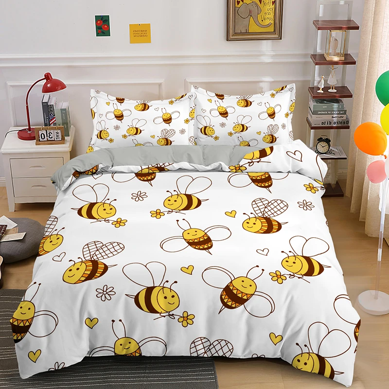 Roztomilý Včelieho Medu Cartoon Jeden Kráľ, Kráľovná posteľná bielizeň Nastaviť Povlaky na Prikrývku Deka Zahŕňa 2/3ks S Obliečky na Vankúš