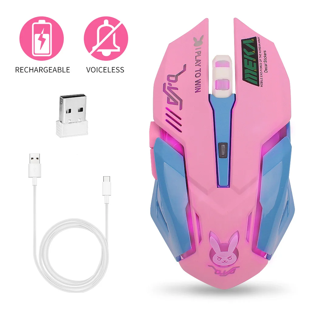 Ružová Bezdrôtový Herný Počítač Myš Nabíjateľná Optických Myší 2400 DPI Ergonomický USB Roztomilý PC Gamer Úrad Myši Pre Dievčatá Fialová