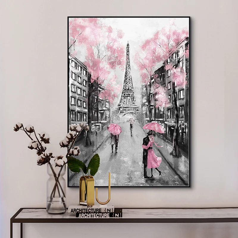 Ružová Romantické Mesto Pár Parížskej Eiffelovej Veže Krajiny olejomaľba na Plátne Plagáty a Vytlačí Cuadros Stene Obraz pre Decor