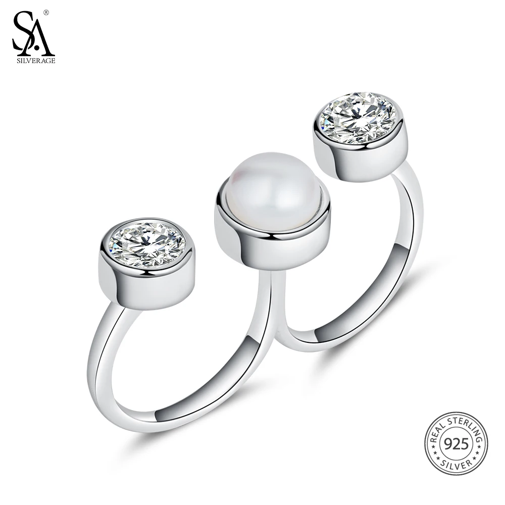 SA SILVERAGE Kolo Sladkovodné Perly Dvojité Prsty Krúžky Žien 925 Sterling Silver Prstene Sady pre Ženy, Jemné Šperky